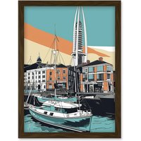 Artery8 Portsmouth Historic Dockyard Modern Linocut Style Artwork Framed Wall Art Print A4 in Brown