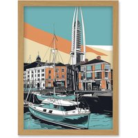 Artery8 Portsmouth Historic Dockyard Modern Linocut Style Artwork Framed Wall Art Print A4 in Light Oak