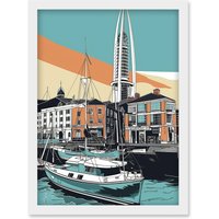 Artery8 Portsmouth Historic Dockyard Modern Linocut Style Artwork Framed Wall Art Print A4 in White