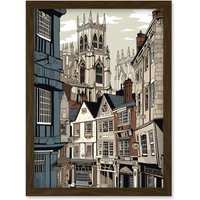 Artery8 Shambles Street Cityscape with York Minster Towers Artwork Framed Wall Art Print A4 in Brown