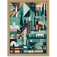 Artery8 Modern Abstract Geometric Dundee Cityscape Design Artwork Framed Wall Art Print A4 in Light Oak