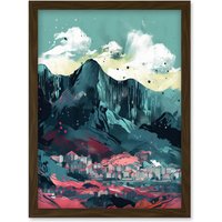 Artery8 Town Below Tall Mountain Cliffs Coral & Teal Artwork Framed Wall Art Print A4 in Brown