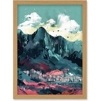 Artery8 Town Below Tall Mountain Cliffs Coral & Teal Artwork Framed Wall Art Print A4 in Light Oak