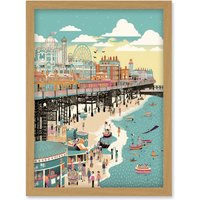 Artery8 Brighton Beach Pier & Sandy Summer Scene Artwork Framed Wall Art Print A4 in Light Oak