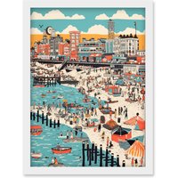 Artery8 Brighton Beach Warm Summer Day Colourful Scene Artwork Framed Wall Art Print A4 in White