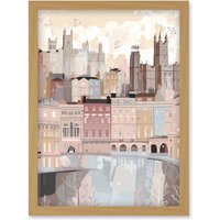 Artery8 Bath Georgian Architecture Pastel Colour Cityscape Artwork Framed Wall Art Print A4 in Light Oak