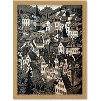Artery8 Black Forest City Baden Monochrome Cityscape Artwork Framed Wall Art Print A4 in Light Oak