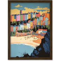 Artery8 Tenby Castle Beach Coastal Town Summer in Wales Artwork Framed Wall Art Print A4 in Brown