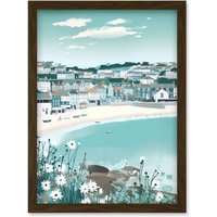 Artery8 St Ives Bay Daisies Soft Pastel Coastal Cityscape Artwork Framed Wall Art Print A4 in Brown