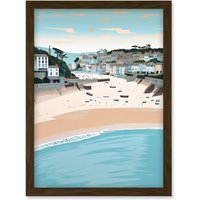 Artery8 St Ives Bay Summer Pastel Colour Coastal Cityscape Artwork Framed Wall Art Print A4 in Brown