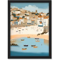 Artery8 Small Boats in St Ives Bay Coastal Cityscape Artwork Framed Wall Art Print A4 in Black