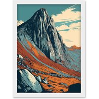 Artery8 Tryfan Mountain Peak Landscape Teal Brown Linocut Artwork Framed Wall Art Print A4 in White