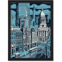 Artery8 Belfast Cityscape City Centre Hall Linocut Style Artwork Framed Wall Art Print A4 in Black