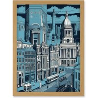 Artery8 Belfast Cityscape City Centre Hall Linocut Style Artwork Framed Wall Art Print A4 in Light Oak