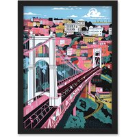 Artery8 Clifton Suspension Bridge Pink & Teal Cityscape Artwork Framed Wall Art Print A4 in Black
