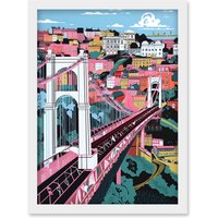 Artery8 Clifton Suspension Bridge Pink & Teal Cityscape Artwork Framed Wall Art Print A4 in White