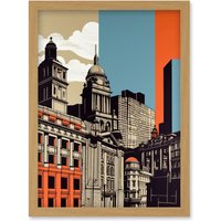 Artery8 Leeds Modern Colour Block Cityscape Illustration Artwork Framed Wall Art Print A4 in Light Oak