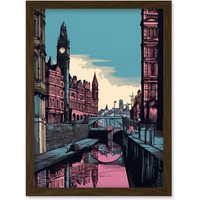 Artery8 Leeds Canal Cityscape Pink & Teal Illustration Artwork Framed Wall Art Print A4 in Brown