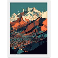 Artery8 Modern City Surrounded by Tall Mountains Landscape Artwork Framed Wall Art Print A4 in White