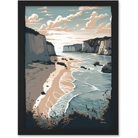 Artery8 Bay with Cliffs Pastel Colour Coastal Landscape Artwork Framed Wall Art Print A4 in Black
