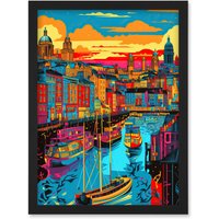 Artery8 Vibrant Liverpool City Waterfront Sunset Cityscape Artwork Framed Wall Art Print A4 in Black