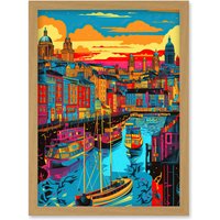 Artery8 Vibrant Liverpool City Waterfront Sunset Cityscape Artwork Framed Wall Art Print A4 in Light Oak