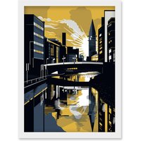 Artery8 Glasgow Scotland River Cityscape Sunrise Geometric Artwork Framed Wall Art Print A4 in White