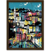 Artery8 Modern Vertical Cityscape in Blue Pink & Yellow Artwork Framed Wall Art Print A4 in Brown