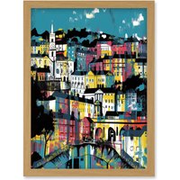 Artery8 Modern Vertical Cityscape in Blue Pink & Yellow Artwork Framed Wall Art Print A4 in Light Oak
