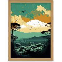 Artery8 Mount Fuji Sunrise Landscape in Teal Blue & Tan Artwork Framed Wall Art Print A4 in Light Oak