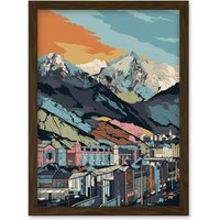 Artery8 Cityscape Under Rocky Mountain Range Modern Artwork Framed Wall Art Print A4 in Brown