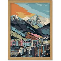 Artery8 Cityscape Under Rocky Mountain Range Modern Artwork Framed Wall Art Print A4 in Light Oak