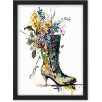 Artery8 Spring Flower Bouquet in High Heeled Combat Boot Artwork Framed Wall Art Print A4 in Black