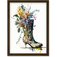Artery8 Spring Flower Bouquet in High Heeled Combat Boot Artwork Framed Wall Art Print A4 in Brown