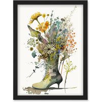 Artery8 Spring Wildflower Bouquet Stiletto Military Boot Artwork Framed Wall Art Print A4 in Black
