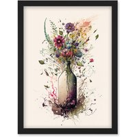 Artery8 Spring Wildflower Floral Bouquet in a Wine Bottle Artwork Framed Wall Art Print A4 in Black