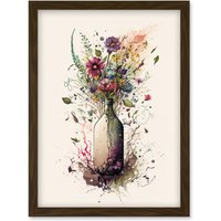 Artery8 Spring Wildflower Floral Bouquet in a Wine Bottle Artwork Framed Wall Art Print A4 in Brown