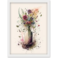 Artery8 Spring Wildflower Floral Bouquet in a Wine Bottle Artwork Framed Wall Art Print A4 in White