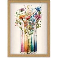 Artery8 Wildflower Glass Test Tubes Rainbow Colour Water Artwork Framed Wall Art Print A4 in Light Oak