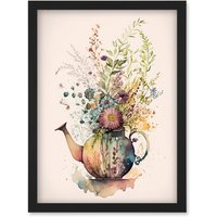 Artery8 Wildflower Floral Spring Bouquet in a Teapot Vase Artwork Framed Wall Art Print A4 in Black