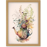 Artery8 Wildflower Floral Spring Bouquet in a Teapot Vase Artwork Framed Wall Art Print A4 in Light Oak