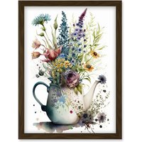 Artery8 Spring Wildflower Floral Bouquet in a Teapot Vase Artwork Framed Wall Art Print A4 in Brown