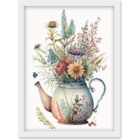 Artery8 Wildflower Floral Bouquet in China Pattern Teapot Artwork Framed Wall Art Print A4 in White
