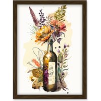 Artery8 Wildflower Bouquet in Upcycled Glass Wine Bottle Artwork Framed Wall Art Print A4 in Brown