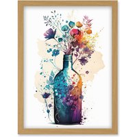 Artery8 Wildflower Spring Bouquet in Glass Wine Bottle Artwork Framed Wall Art Print A4 in Light Oak