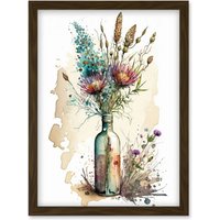 Artery8 Spring Flower Bouquet In Glass Wine Bottle Vase Artwork Framed Wall Art Print A4 in Brown