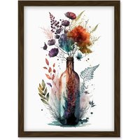 Artery8 Wine Bottle with Spring Wildflower Floral Bouquet Artwork Framed Wall Art Print A4 in Brown