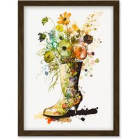 Artery8 Wildflower Bouquet in a High Heel Floral Boot Artwork Framed Wall Art Print A4 in Brown