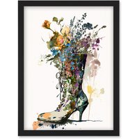 Artery8 Spring Wildflower Bouquet in High Heel Floral Boot Artwork Framed Wall Art Print A4 in Black