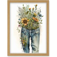 Artery8 Spring Wildflowers Bursting out of a Pair of Jeans Artwork Framed Wall Art Print A4 in Light Oak